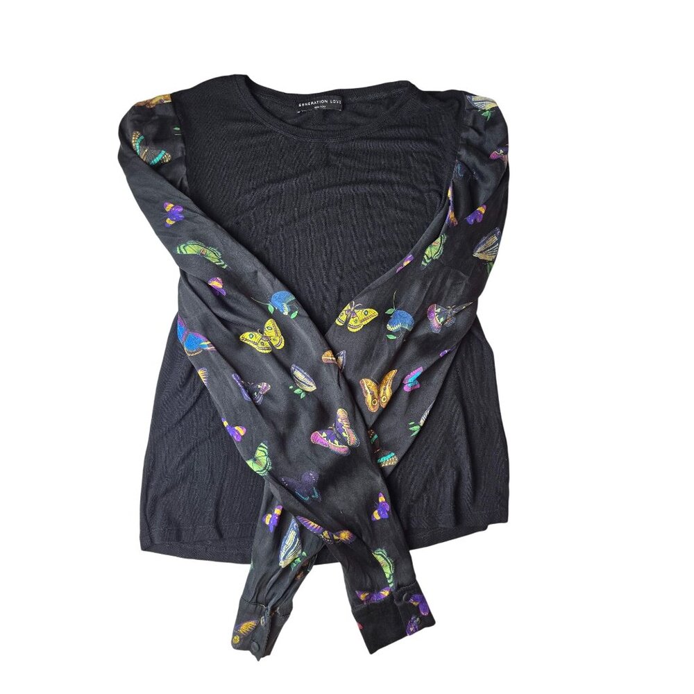 Generation Love Black Top W/ Butterfly Print Puff Silk Sleeves‎ Whimsigoth